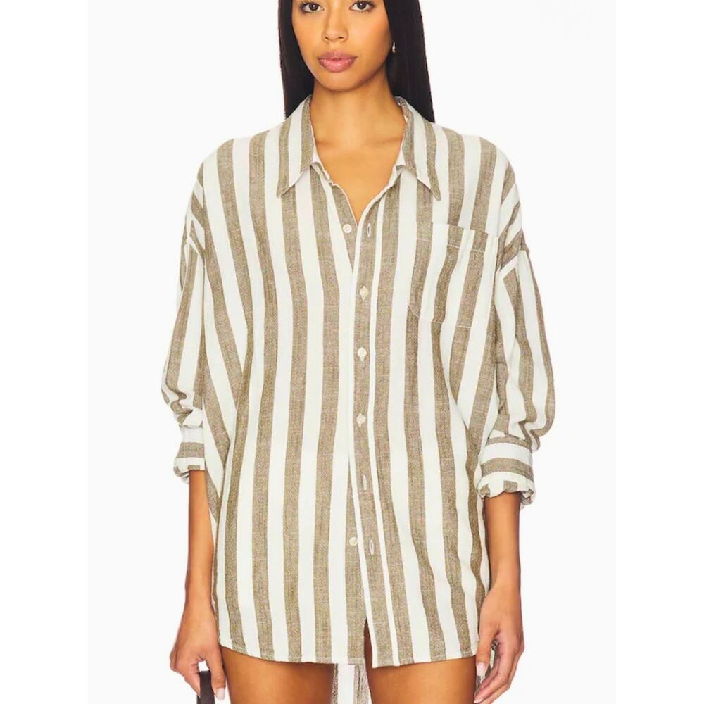 Pure Venice Linen Jumbo Olive Ecru Striped Button Front Shirt Dress XL